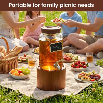 2 PCS 1 Gallon Glass Drink Dispenser for Parties, Beverage Dispenser with Wooden Stand, Silicone Lid and Stainless Steel Spigot, Ideal for Lemonade, Juice, Sun Tea, and Party Drinks