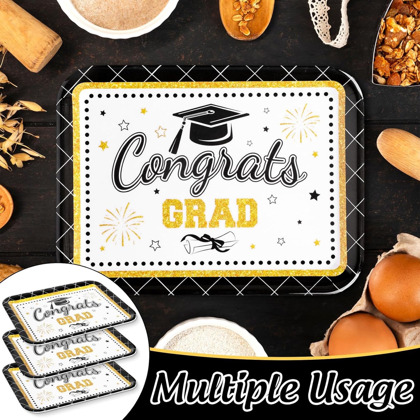 JarThenaAMCS 3Pcs Graduation Serving Trays 13 x 10 Inch Bachelor' s Hat Diploma Glitter Reusable Melamine Platter Congrats 2026 Grad Serving Dishes for Graduate Party Sharing Snacks Fruit Dessert