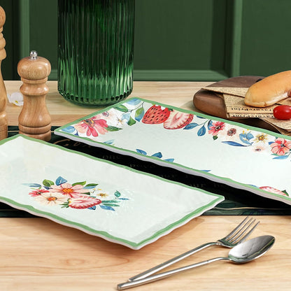 2 pcs Melamine Tray Set with Strawberry Design, 19 Inch and 14.5 Inch Large Serving Plates, Unbreakable Dinnerware for RV, Camping, Party, Easy Clean