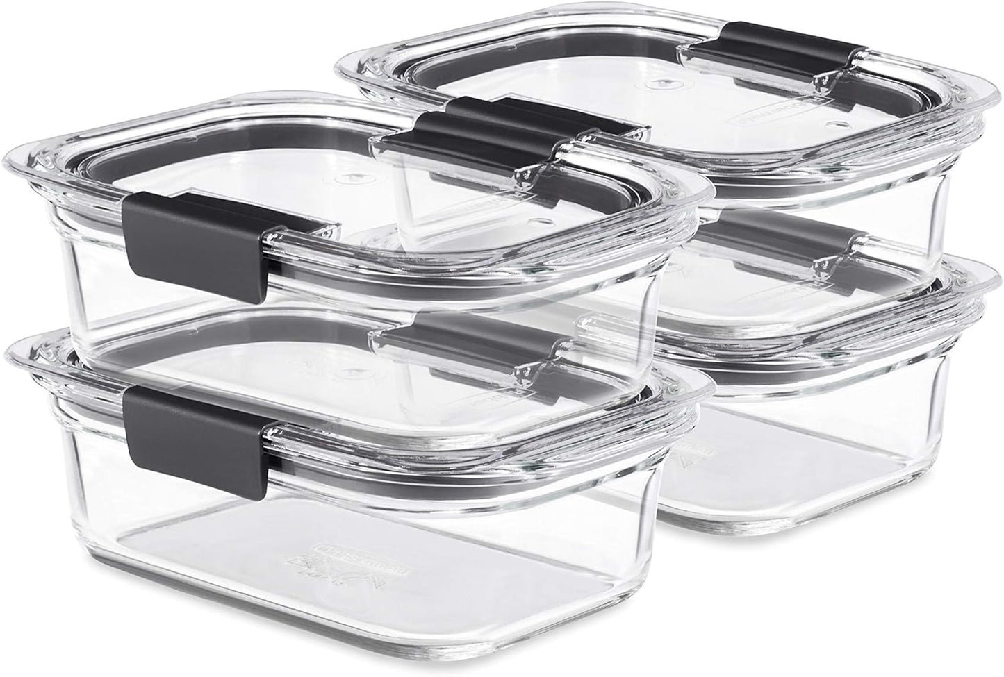 Rubbermaid Brilliance Glass Food Storage set of 4 containers 8 total pieces (4 containers + 4 lids) for Lunch Meal Prep and Leftovers Dishwasher and Oven Safe Clear/Grey