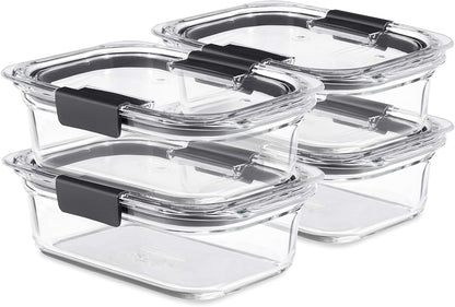 Rubbermaid Brilliance Glass Food Storage set of 4 containers 8 total pieces (4 containers + 4 lids) for Lunch Meal Prep and Leftovers Dishwasher and Oven Safe Clear/Grey