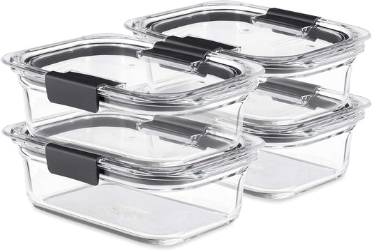 Rubbermaid Brilliance Glass Food Storage set of 4 containers 8 total pieces (4 containers + 4 lids) for Lunch Meal Prep and Leftovers Dishwasher and Oven Safe Clear/Grey