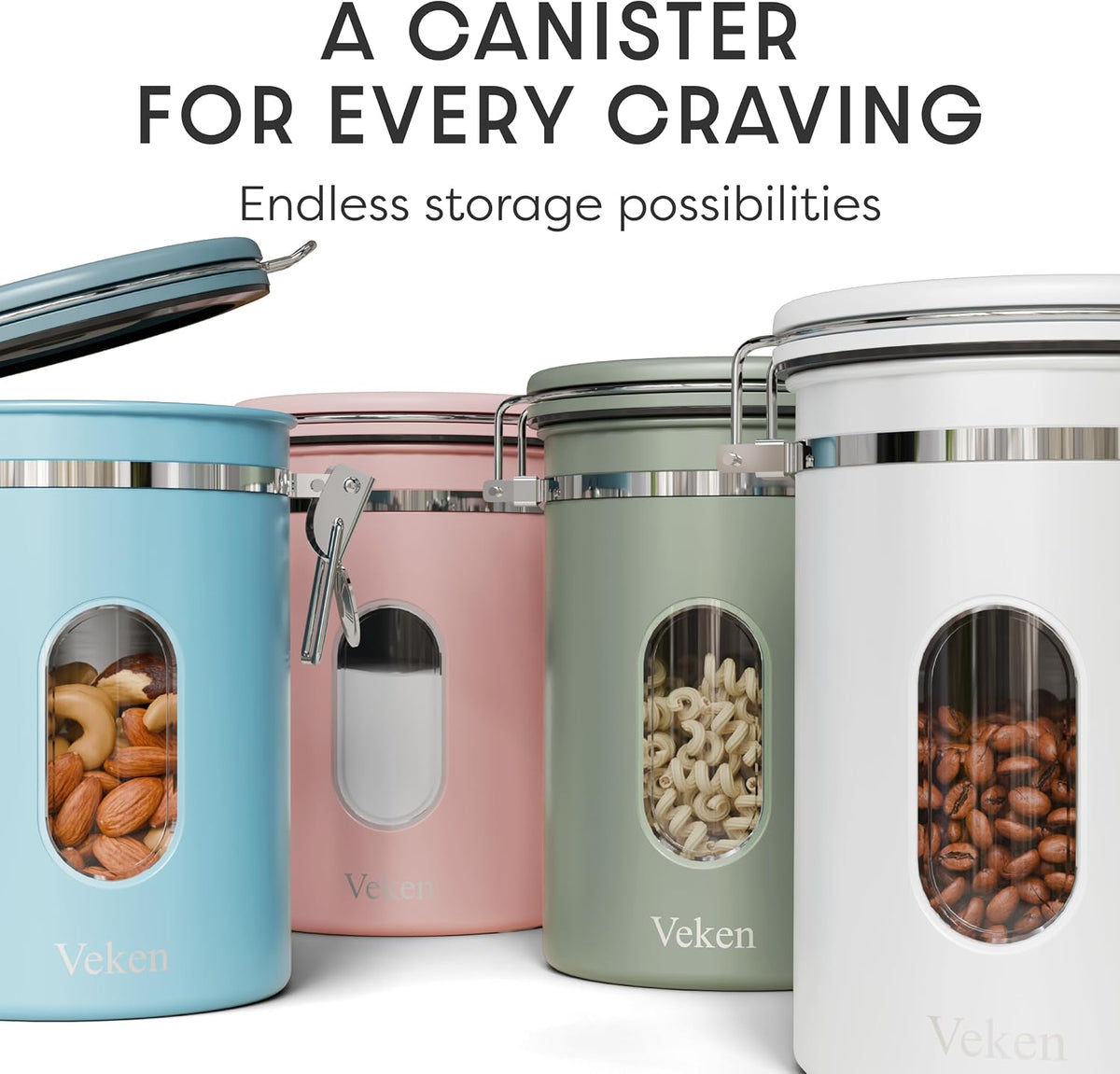 Veken Coffee Canister with Window, Family Choice Awards Winner, Airtight Stainless Steel Home Kitchen Food Storage Container with Lids for Grounds, Beans, Tea, Flour,Cereal,Sugar Jars,Scoop,16OZ,Black