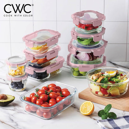 COOK WITH COLOR Premium 32-Pc. Borosilicate Glass Food Container Set with Dividers - 4 Rectangles, 8 Rounds, 4 Squares - Leakproof Lids - Meal Prep, Storage, Grey