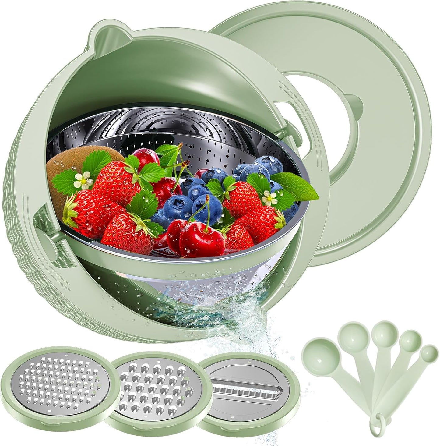 4-1 Colander with Bowl & Spoons Set - Rotatable Colander for kitchen with New Upgraded Graters, Food Strainer(Patented) for Pasta, Fruits, Vegetables, Funny Presents for Women, Beige