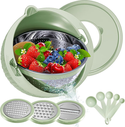 4-1 Colander with Bowl & Spoons Set - Rotatable Colander for kitchen with New Upgraded Graters, Food Strainer(Patented) for Pasta, Fruits, Vegetables, Funny Presents for Women, Beige