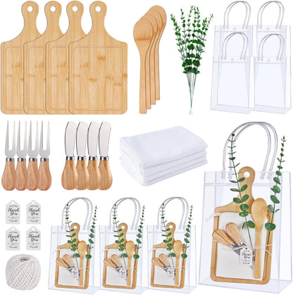 Baby Shower Prizes for Game Winners Bamboo Cheese Board Spoon Fork Butter Spreaders Plaid Towel Thank You Card and Gift Bags for Baby Shower Wedding Bridal Shower Favors (Acacia, 6 Sets)