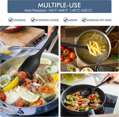 HOTEC 446°F Heat Resistant Silicone Cooking Spoon Spatula, BPA Free Large Kitchen Solid and Slotted Spoons for Mixing, Serving, Scraping, Non-stick, Dishwasher Safe Classic Blue 12.5inch