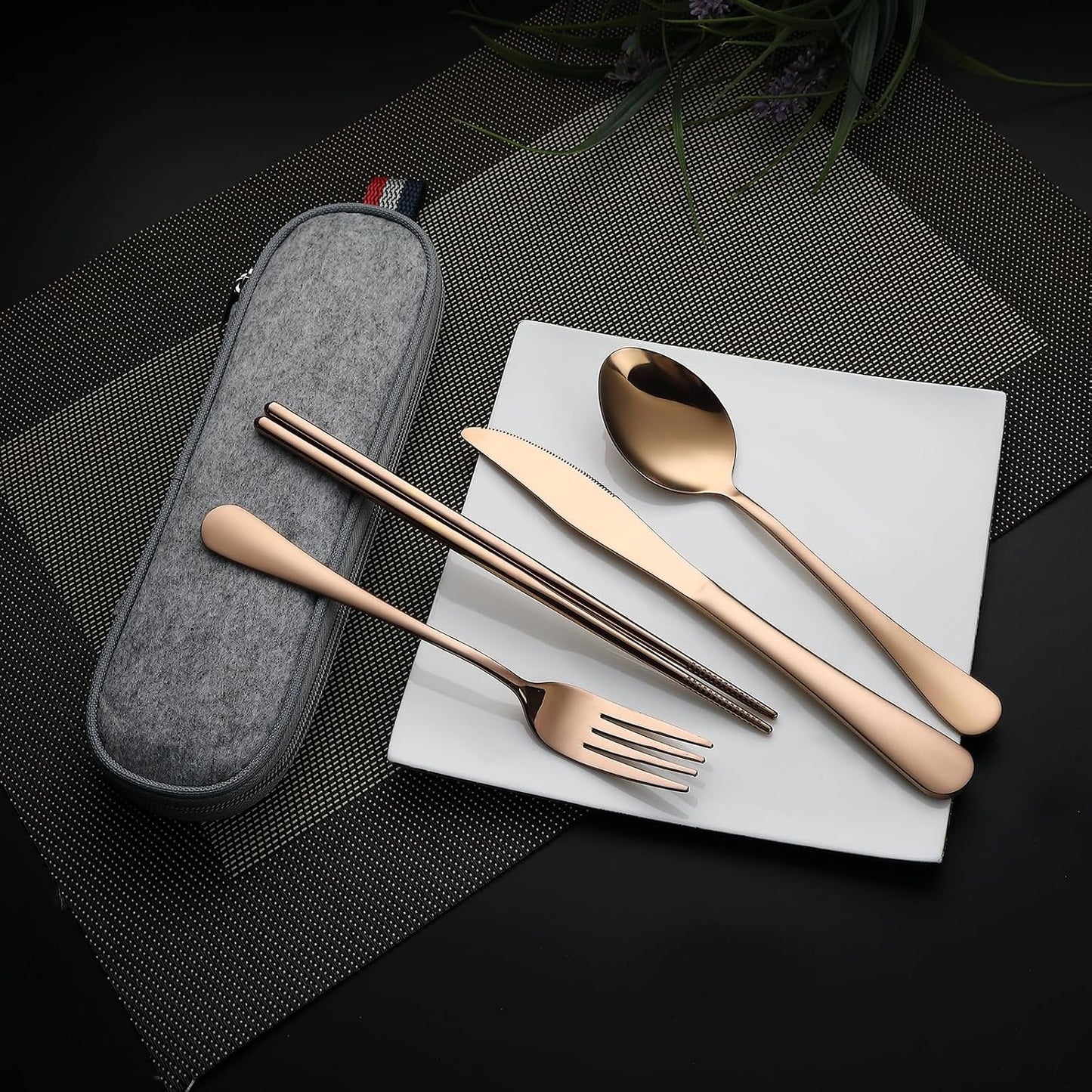 DEVICO Camping Utensils, Full-Size Reusable Silverware for Lunch Adult, Stainless Steel Travel Cutlery Set with Case, Portable Fork Spoon Knife Set for Work, Flatware with Chopsticks (Rainbow)
