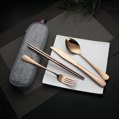 DEVICO Camping Utensils, Full-Size Reusable Silverware for Lunch Adult, Stainless Steel Travel Cutlery Set with Case, Portable Fork Spoon Knife Set for Work, Flatware with Chopsticks (Rainbow)