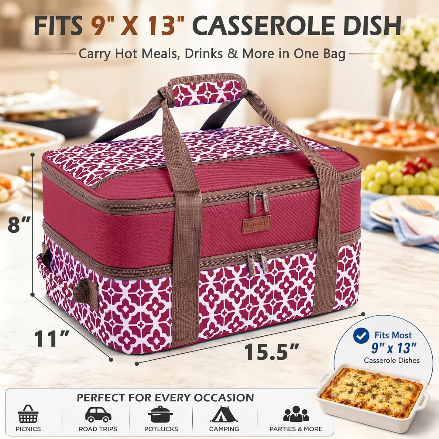Double Layer Insulated Casserole Carrier, Fits 9" x 13" Baking Dish, Food Transport Carrier with Utensil Pocket for Hot & Cold Dishes, Reusable Potluck Tote for Thanksgiving, Parties&Family Gatherings