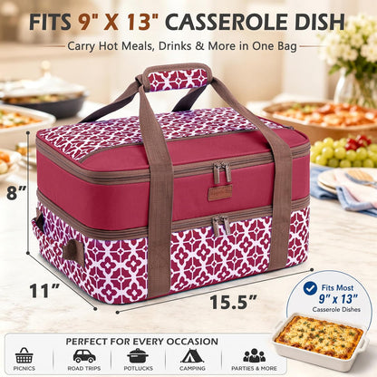 Double Layer Insulated Casserole Carrier, Fits 9" x 13" Baking Dish, Food Transport Carrier with Utensil Pocket for Hot & Cold Dishes, Reusable Potluck Tote for Thanksgiving, Parties&Family Gatherings