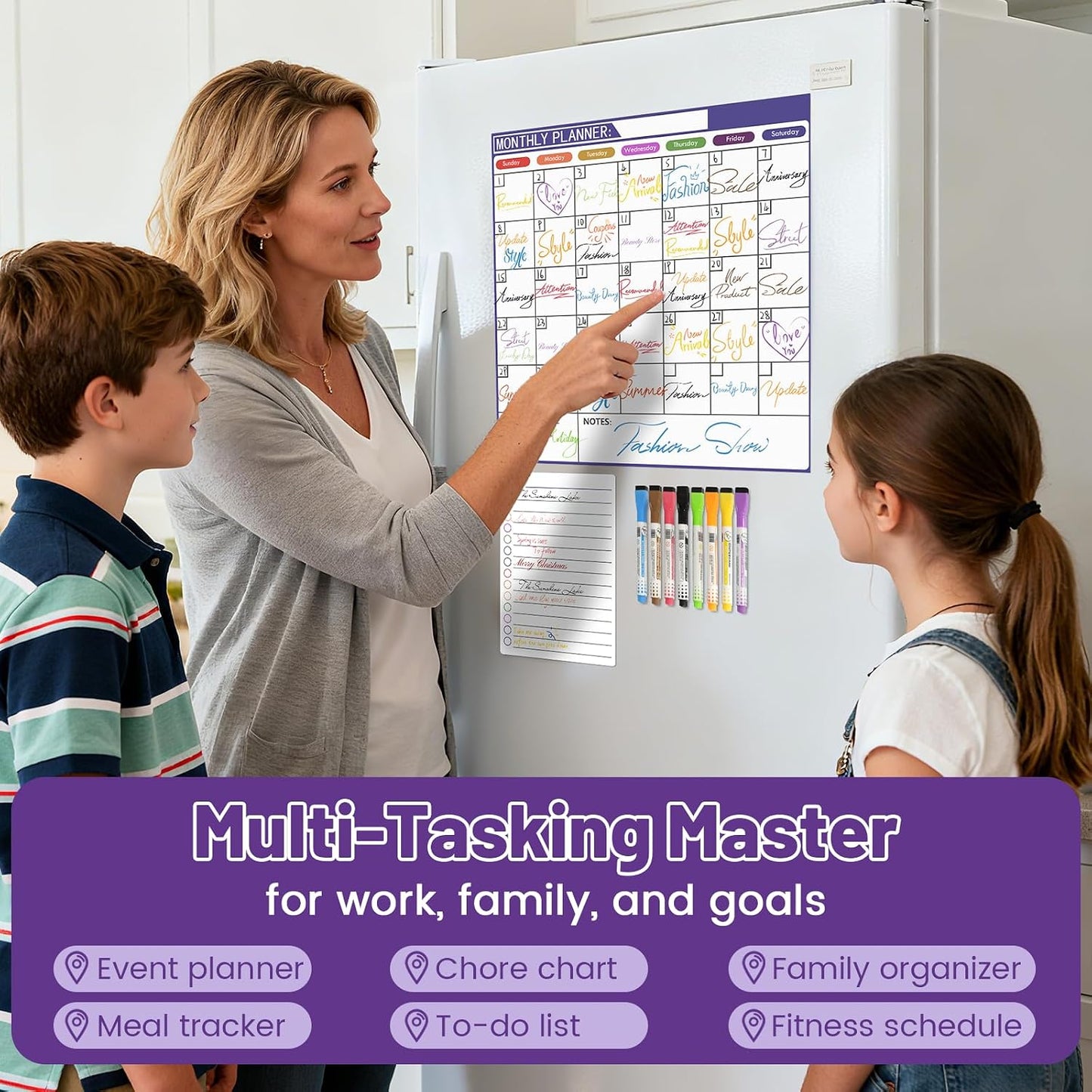 Monthly Magnetic Calendar for Refrigerator - 17"x17" Dry Erase Board, Large Writing Space, 8 Markers & Eraser - Family Schedule Planner, Stain-Resistant with Strong Magnets (Sunday Start)