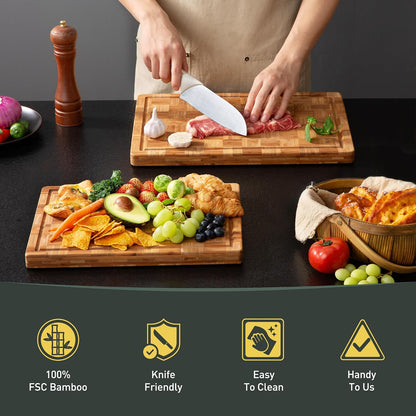 3 Pack Heavy Duty Bamboo Cutting Board Set Non Toxic Wooden Cutting Board for Kitchen Non Slip Solid End Grain Thick Wood Juice Groove Chopping Board Extra Large Butcher Block Best House Warming Gift