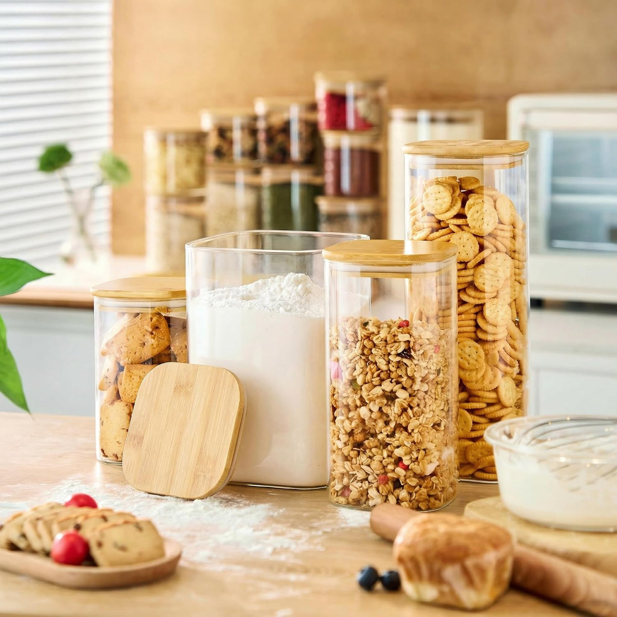 168oz 2 Pack Large Glass Storage Containers with Lids for Pantry Storage | Square Borosilicate Glass Jar with Airtight Lid Keep Flour, Sugar & Rice Fresh, Fit 10lb Bag, BPA-Free for Pantry Organizer