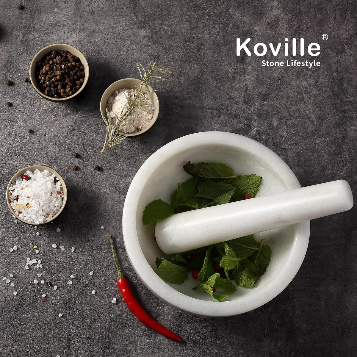 Koville Luxury Marble Mortar and Pestle Set, 7"-4cups Grinder Bowl for Guacamole, Salsa, Pill Crusher, Spice, Herb, Garlic, Nut, Heavy Duty Grinder for Kitchen