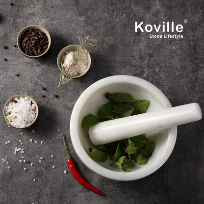 Koville Luxury Marble Mortar and Pestle Set, 7"-4cups Grinder Bowl for Guacamole, Salsa, Pill Crusher, Spice, Herb, Garlic, Nut, Heavy Duty Grinder for Kitchen