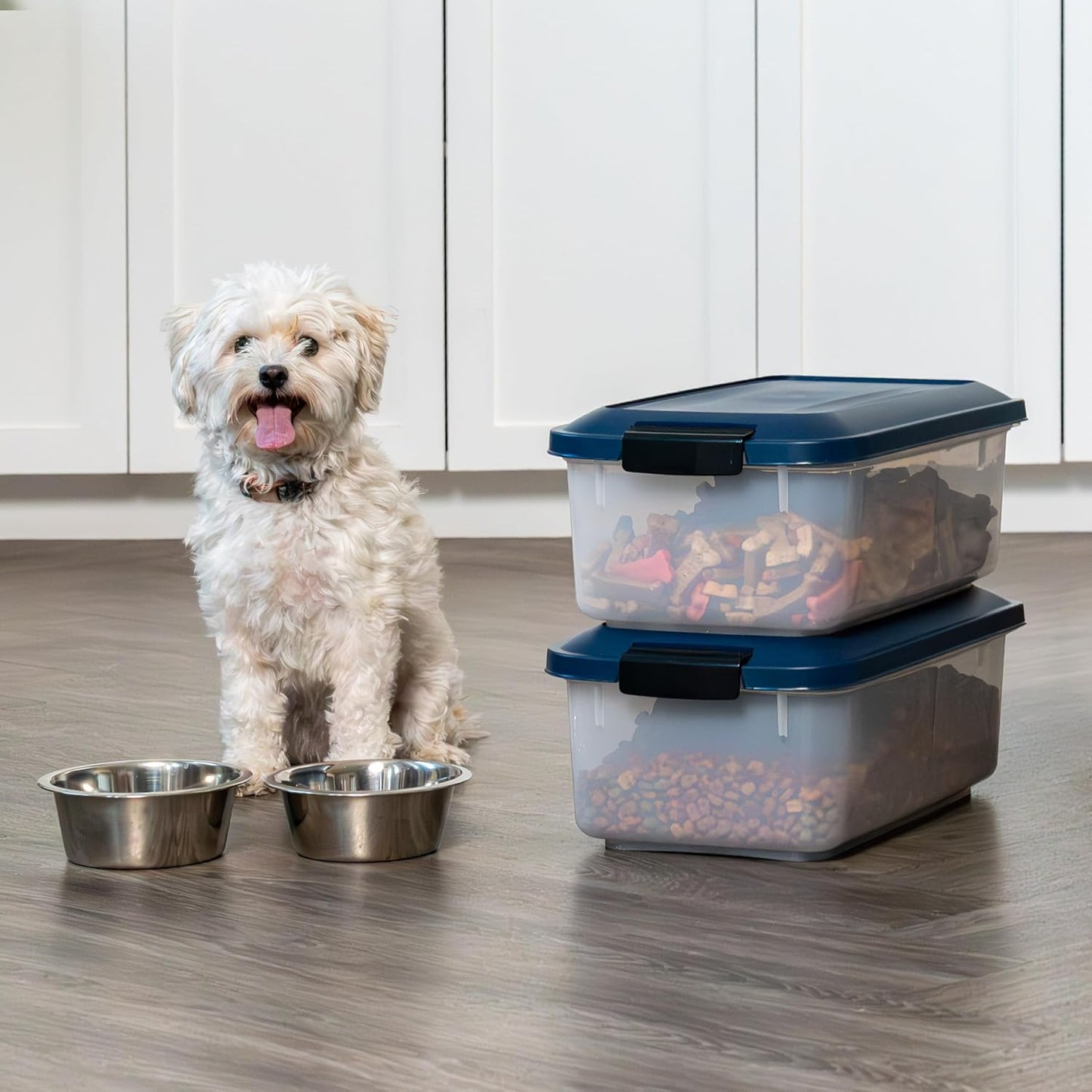 IRIS USA Dog Food Storage Container, 2 Pack, Up to 30 lbs Each, Airtight Seal for Freshness, Wheels for Rolling, Easy One Hand Opening, Made in USA, BPA Free, Clear/Black