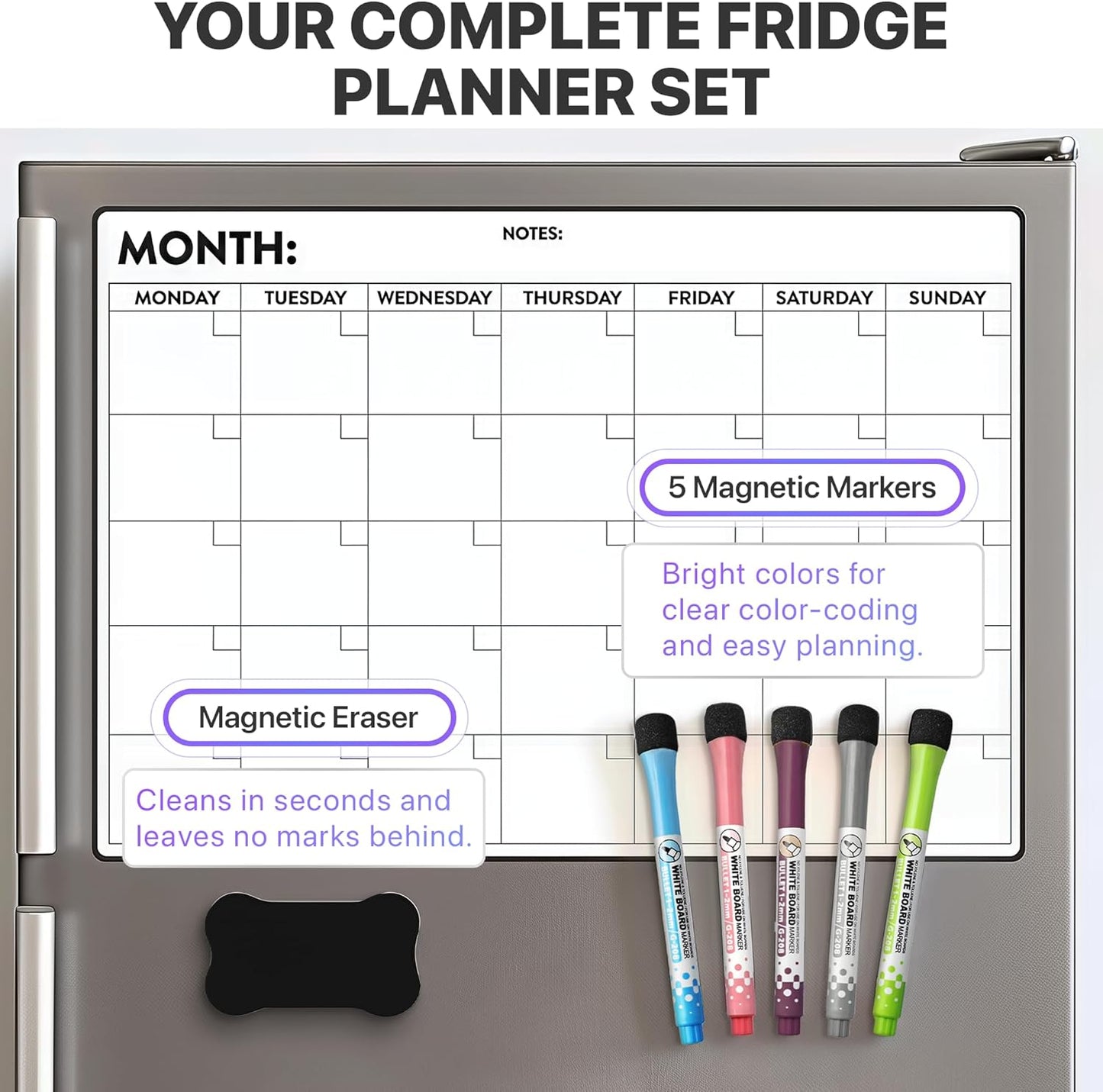 Fridge Calendar Acrylic 17x12”, Start Monday | Magnetic Calendar for Refrigerator | Acrylic Dry Erase Whiteboard Calendar for Fridge | Family Schedule Board with 5 Markers & Eraser by Freedom Mastery