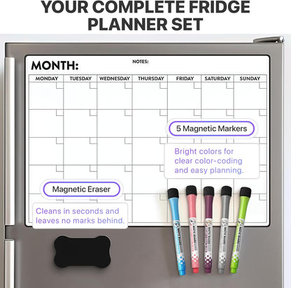 Fridge Calendar Acrylic 17x12”, Start Monday | Magnetic Calendar for Refrigerator | Acrylic Dry Erase Whiteboard Calendar for Fridge | Family Schedule Board with 5 Markers & Eraser by Freedom Mastery
