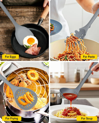 Silicone Cooking Utensils Set, 9 Pcs Heat Resistant Kitchen Utensils with Back Hooks, BPA Free Kitchen Tools with Spatulas, Spoons, Skimmer and Pasta Fork for Non Stick Cookware(KHAKI)