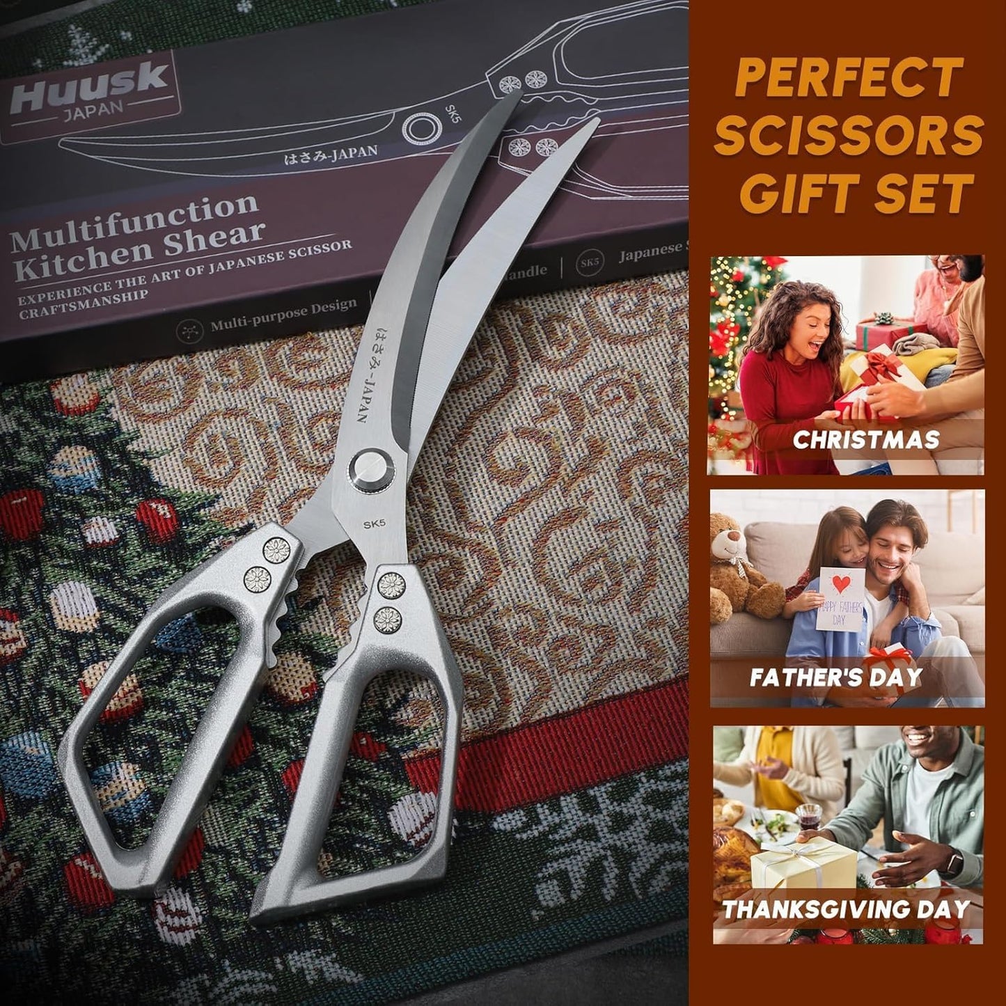 HUUSK Kitchen Scissors All Purpose - Stainless Steel Kitchen Shear, Sharp Silver Meat Scissors Dishwasher Safe, Heavy Duty Poultry Shears, Japanese Cooking Scissor for Food, Christmas Gifts for Women