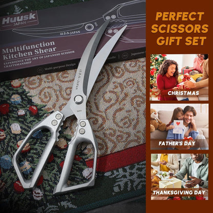 HUUSK Kitchen Scissors All Purpose - Stainless Steel Kitchen Shear, Sharp Silver Meat Scissors Dishwasher Safe, Heavy Duty Poultry Shears, Japanese Cooking Scissor for Food, Christmas Gifts for Women