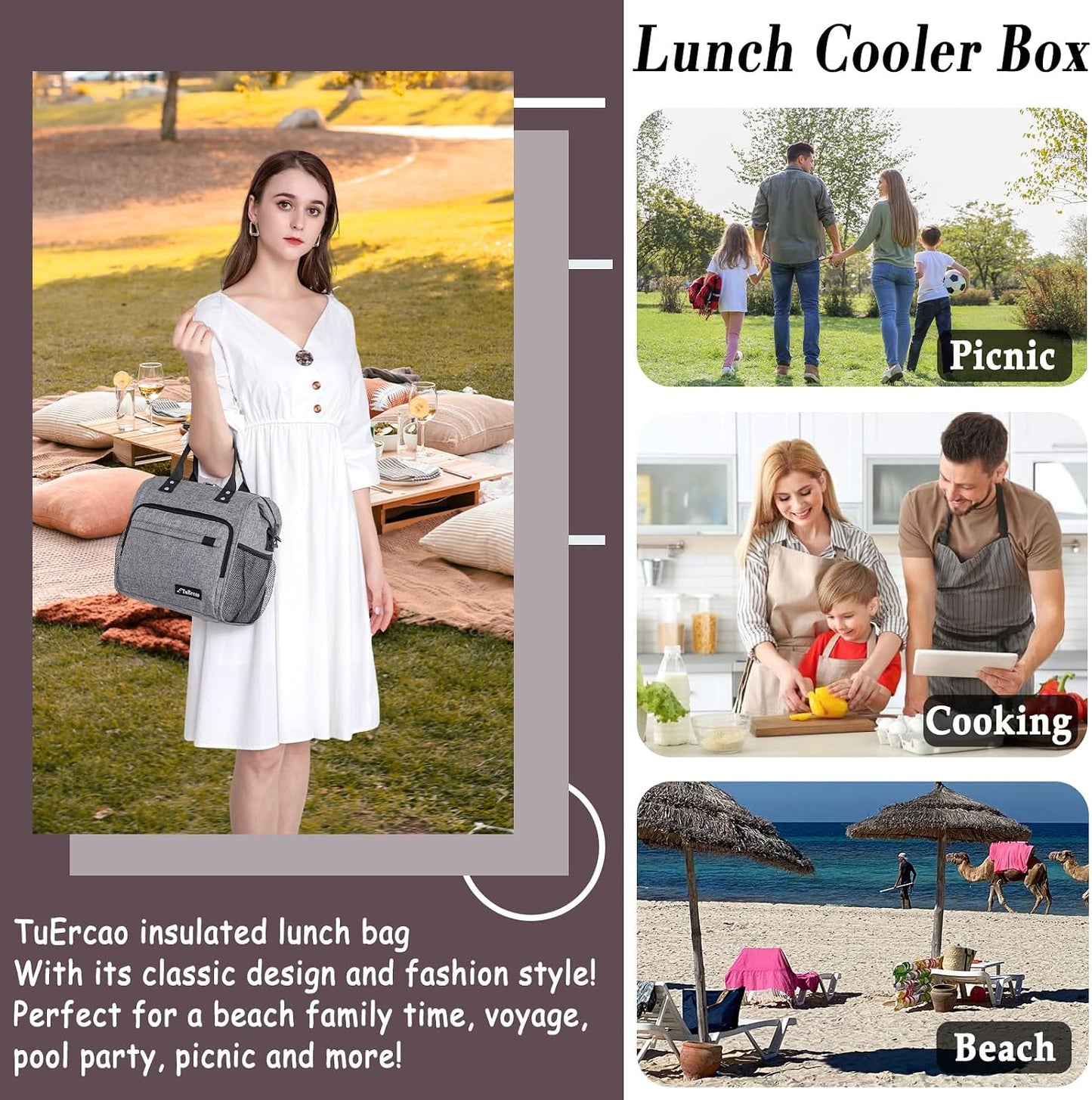 TuErCao Small Lunch Bag Lightweight Insulated Lunch Box for Women Work Portable Soft Cooler for Picnic Travel Road Trips, Loncheras para Mujer, Black