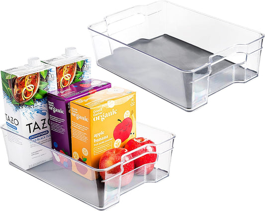 Clear Refrigerator Organizer Bins - 2 Pack Large Sized (8.25" x 12.5") Clear Bins for Fridge with Liners, Containers for Fridge and Freezer, Multipurpose Storage for Kitchen, Office, Bathroom (Grey)