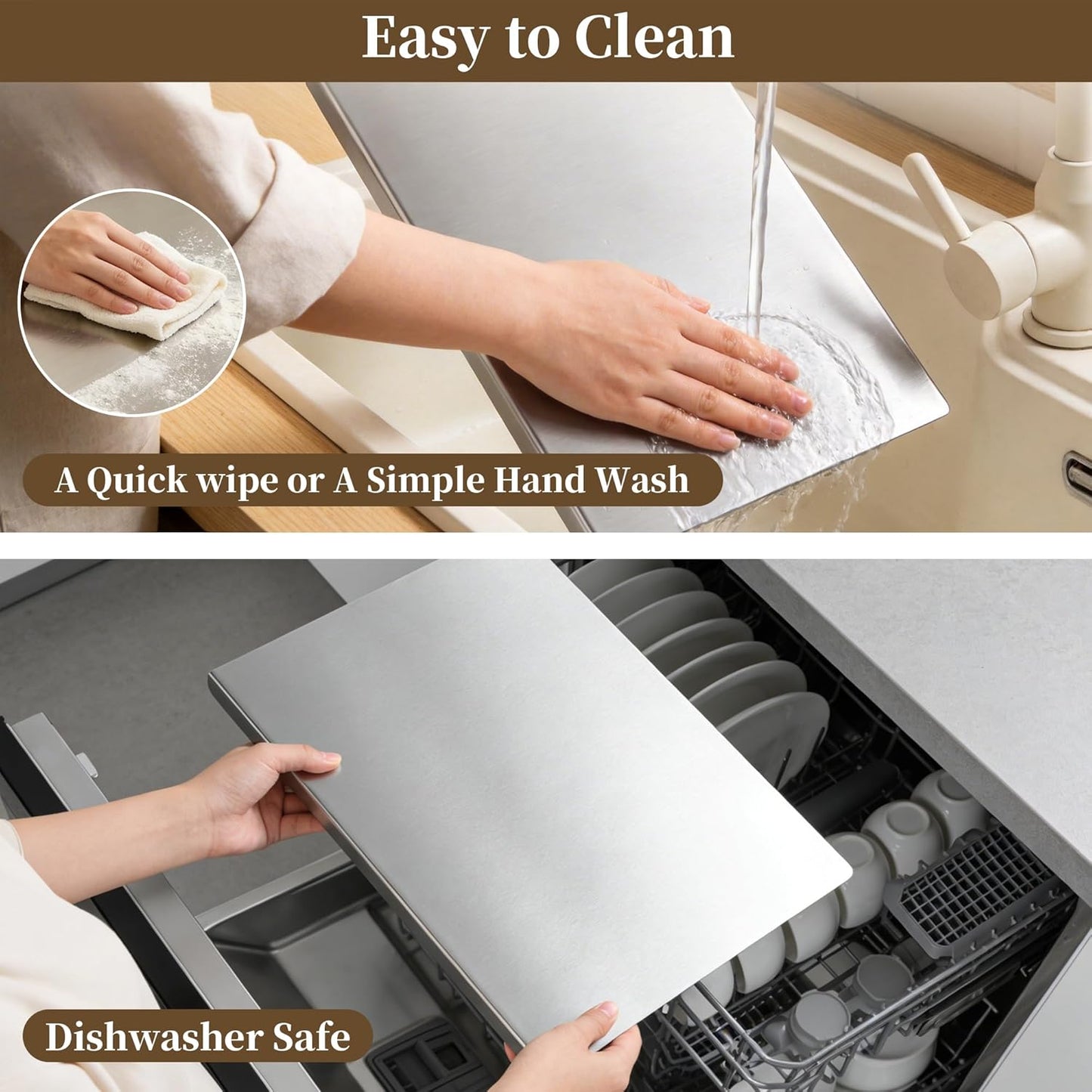 Stainless Steel Cutting Board Set, 2 Pack Kitchen Metal Chopping Board Set with Counter Lip Dishwasher Safe for Meat, Fish, Vegetables, Fruits, Bread & Pastry (40 x 30cm/ 16 x 12 in)