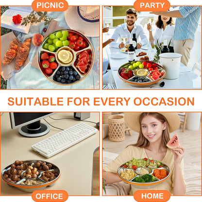 Divided Serving Tray with Lid, Veggie Tray with Lid Stainless Steel 6 Compartments Vegetable and 4 Forks Set for Party Platter, Vegetable Relish Fruit Tray, Snackle Box