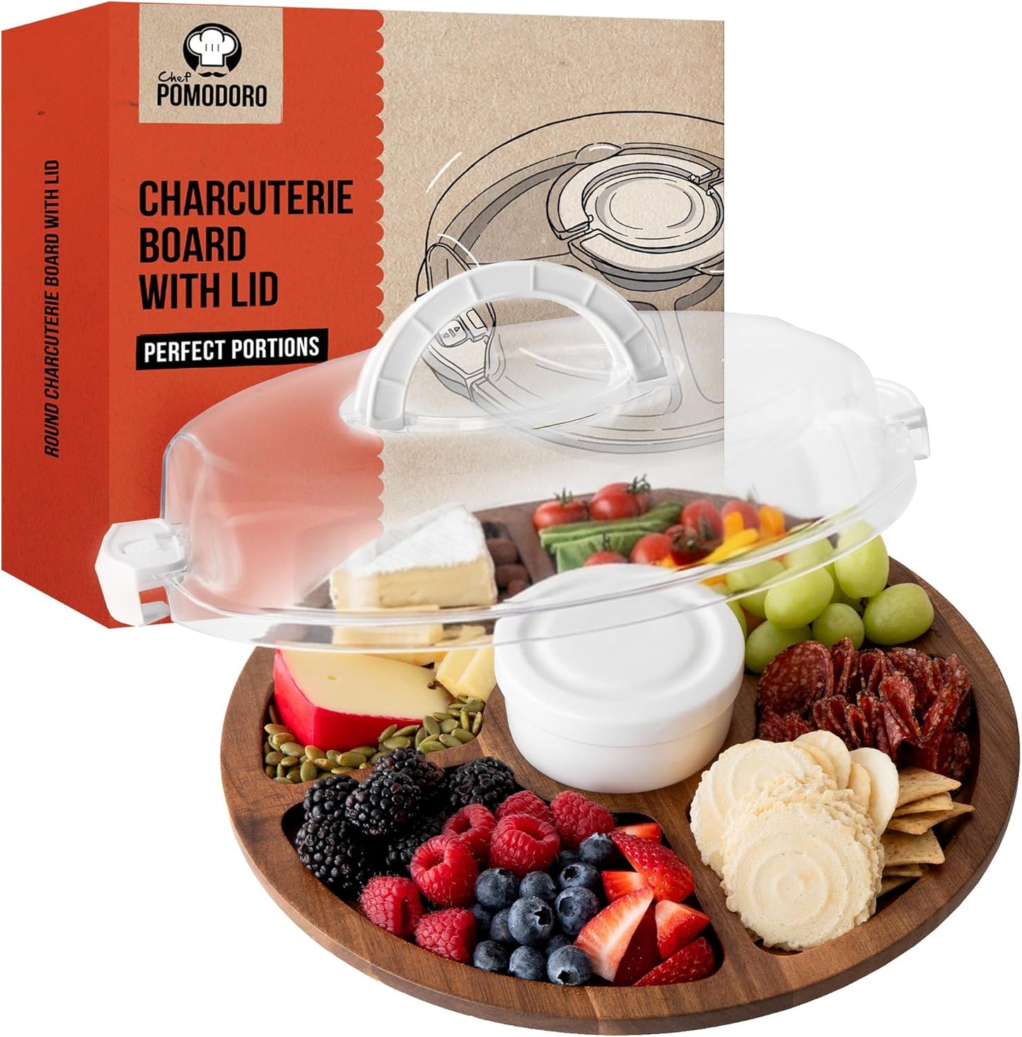 Chef Pomodoro Travel Charcuterie Board With Lid, Serving Tray, Portable, Covered Tray With Lid, Cheese Platter, Wood Grazing Board With 6 Compartments 14.4 X 11.4 in (36.7 X 29 cm)