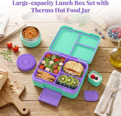 HWONMTE Bento Lunch Box Set for Kids with 9.5oz Soup Thermo Leak-Proof Lunch Food Container with Insulated Lunch Bag Hot Food Jar for Kid Toddler Girls Boys Teens to School,Travel (Green)