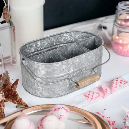 CLEENTABLE Farmhouse Galvanized Metal Utensil Caddy – 4-Compartment Silverware Organizer with Removable Handle for Countertop, Picnic & Party Use (10"x6.5"x5.5", Grey)