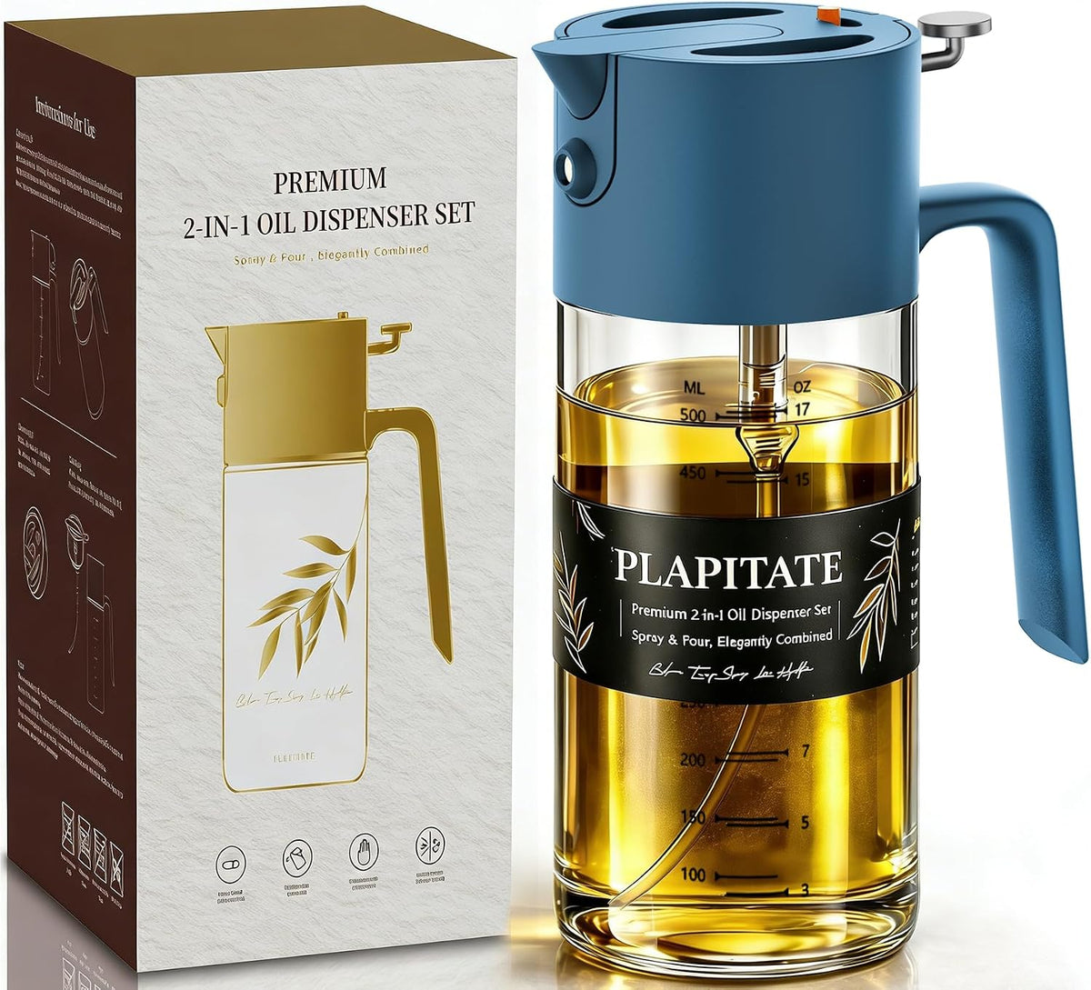 PLAPITATE 17oz/500ml Premium Olive Oil Sprayer for Cooking, 2 in 1 Glass Olive Oil Dispenser Bottle for Kitchen Gadgets, Spray Bottle with Portion Control for Salad, Frying, BBQ (Black)