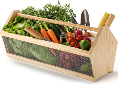Colingmill Garden Hod Harvest Basket for Women Father Gift Garden Harvesting Basket 20 x 6 x 8 Inch Pine and Metal Mesh Gardening Hod with Handle Vegetable Fruit Gathering Gardener Supply