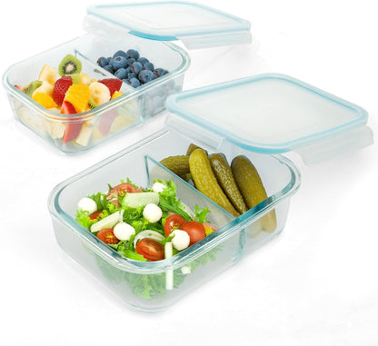 Moss and Stone Rectangular Borosilicate Glass Meal Food Containers - Prep Food Storage Containers Airtight - Snap Locking Lids – Microwave, Oven, Freezer, Dishwasher Safe – with 2 Compartment 2 Pack