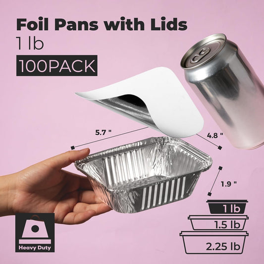 Fit Meal Prep 100 Pack 2.25 lb Aluminum Foil Pans with Lids, Disposable Take Out Food Containers with lids for Freshness and Spill Proof, 8.5 x 6 x 2 Disposable Cookware for Catering, Restaurants