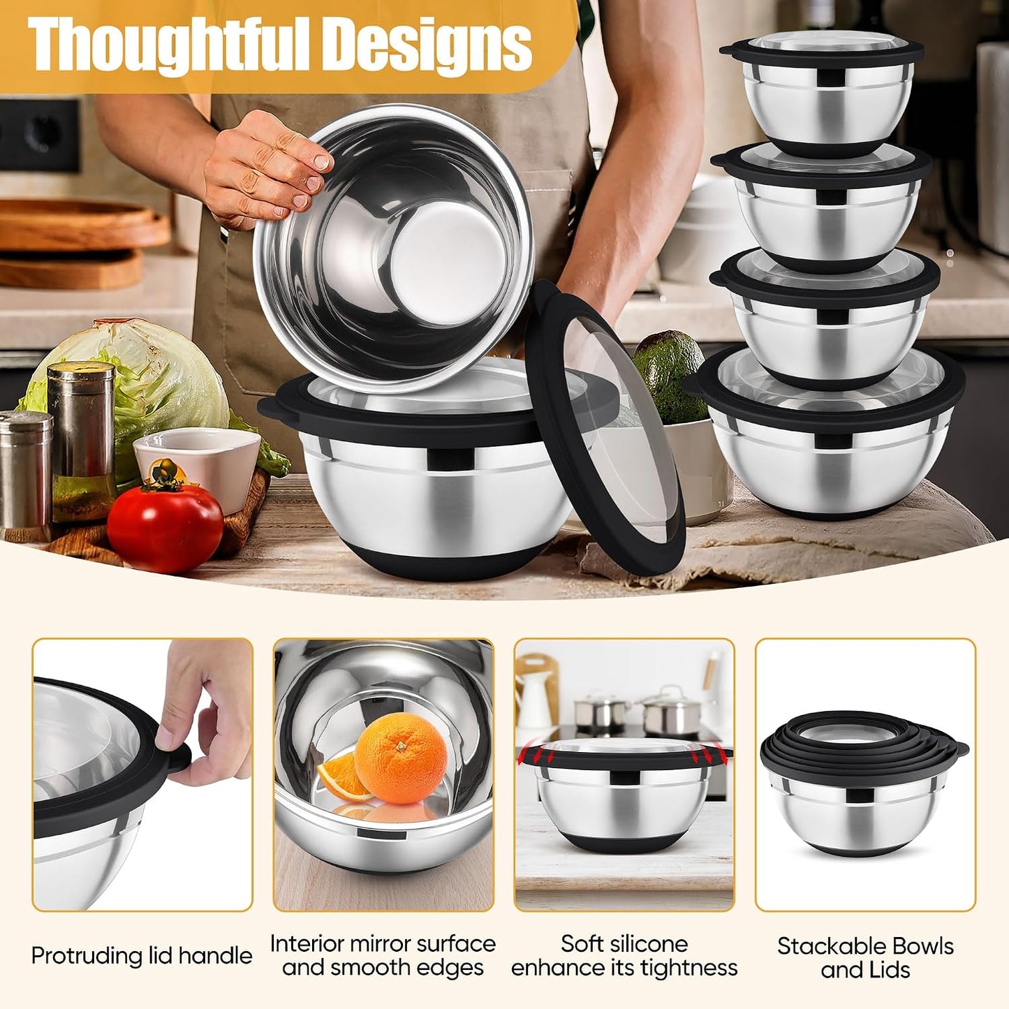 P&P CHEF Khaki Mixing Bowls Set of 6, Stainless Steel Mixing Bowl with Visible Lids for Salad, Metal Nesting Serving Bowls for Kitchen Cooking Prepping Storing Food, 4.6/3.5/2.6/2/1.5/1 QT