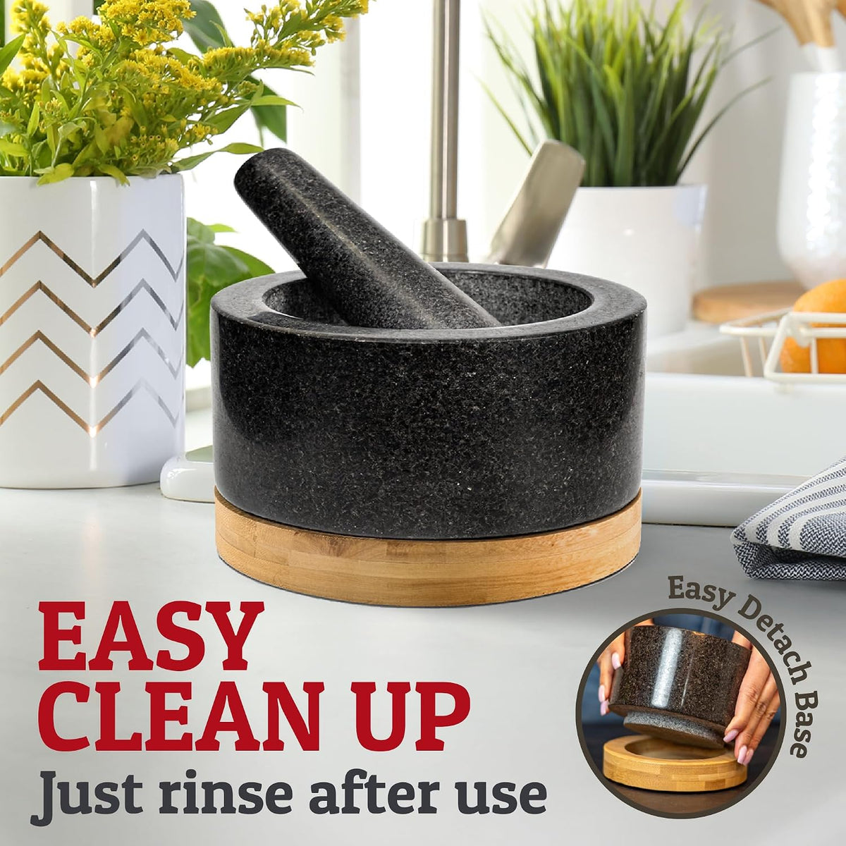 PriorityChef Heavy Duty Mortar and Pestle Set with Bamboo Base, 100% Natural Granite Stone Grinder, Guacamole Bowl and Masher, 1.5 Cups, Black