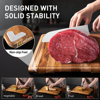 4 Pack Teak Wood Cutting Board Set for Kitchen Heavy Duty Non Toxic Non Slip Solid Thick Wood Haus Chopping Board Extra Large Big Small Meat Best Essential House Warming Hostess Host Gift