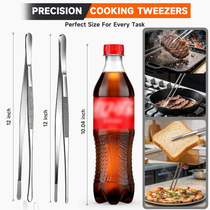 Kitchen Tweezers 2PC Cooking Tongs Set, Stainless Steel Food-Grade 12" Long Tweezers, Pointed & Rounded Tip Metal Tongs for Cooking, Kitchen Gadgets for Grilling, BBQ, Pasta, Food Serving