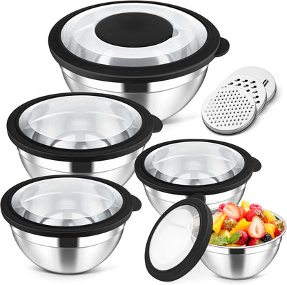 Herogo 5-Piece Mixing Bowls with Airtight Lids, 3 Grater Attachments, Stainless Steel Salad Serving Bowls for Kitchen, Size 4.6, 3.5, 2.5, 2, 1.5QT Ideal for Prepping & Cooking, Black