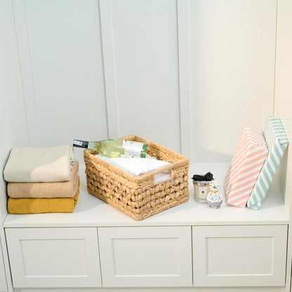 11.6” NAYA Shelf Basket with Handles, Handwoven Water Hyacinth Storage Basket Organizer for Shelves, Closet, Pantry & Nursery, Wicker Basket Bin