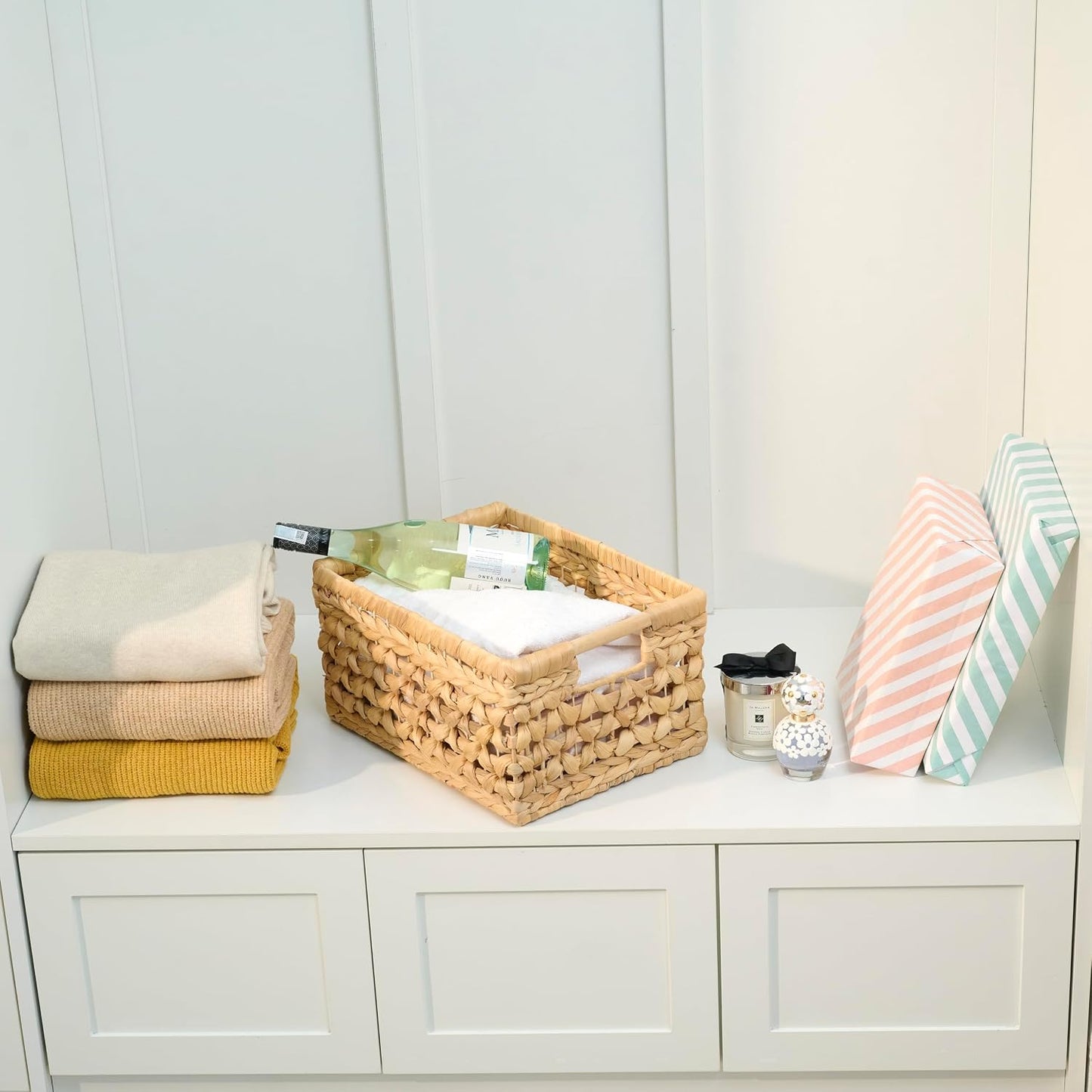 NAYA 11.6" Water Hyacinth Medium Wicker Shelf Basket – Storage Bin | Handwoven water hyacinth shelf basket with sturdy handles for pantry, towels and everyday home organization.