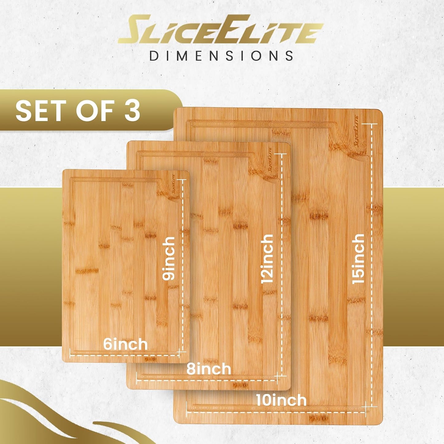 SliceElite Extra Large Bamboo Cutting Board Set 3 Piece End Grain Wooden Chopping Boards with Holder Non Slip Feet Juice Groove XL Butcher Block Style Boards for Kitchen Carving and Serving