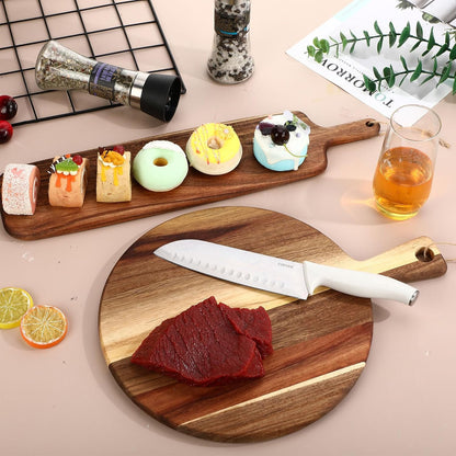 Hsei 2 Pcs Acacia Wood Cutting Board with Handle Wooden Charcuterie Board Large Paddle Carving Chopping Set Butter Serving Tray for Cheese Meat Fruit Pizza Bread(Vintage Style, 16x12, 17x13 Inch)