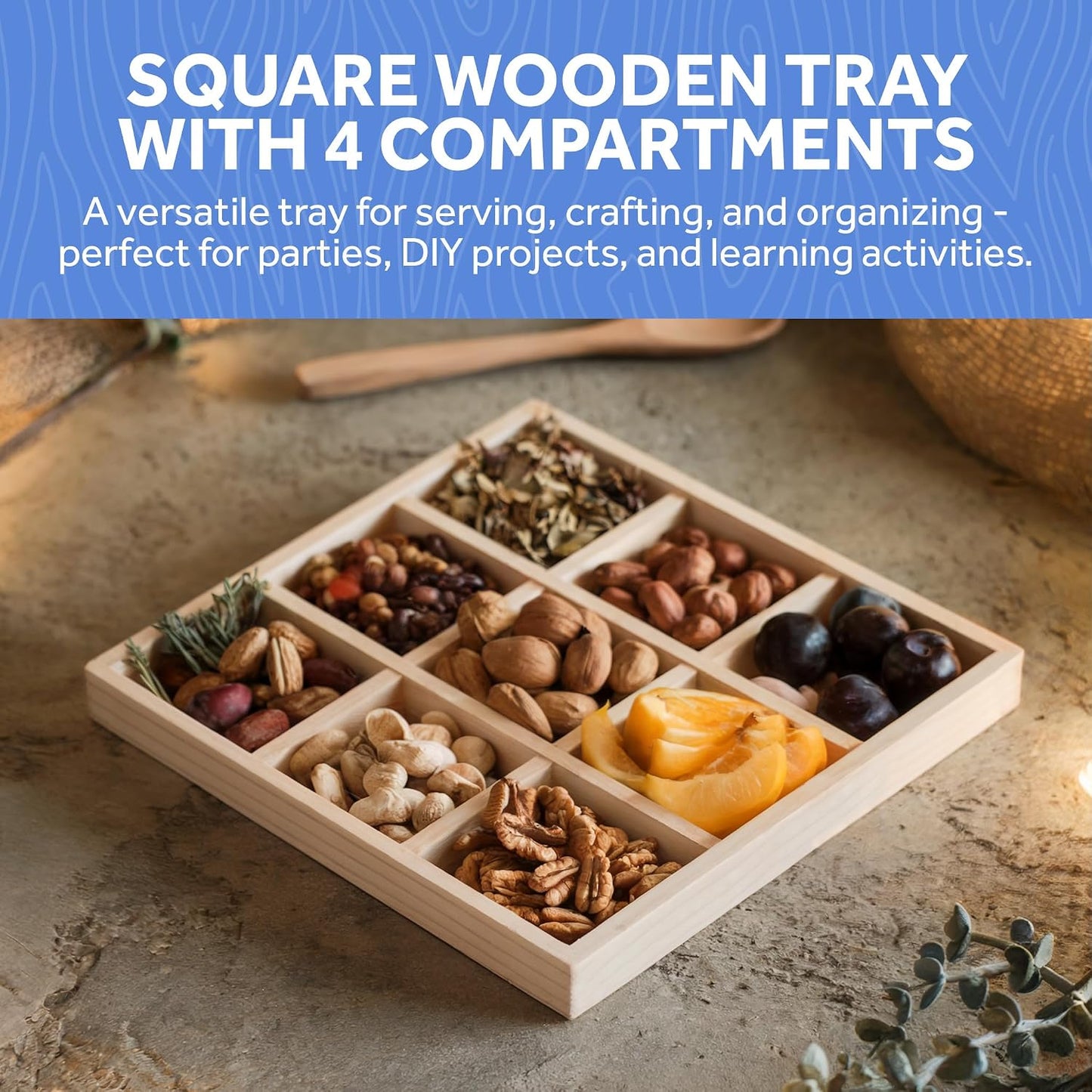 DIY Rectangle Wooden Divided Serving Tray 12 x 8-inch, Pack of 1 6-Section Candy Tray for Vegetable & Fruit Party Platters, by Woodpeckers