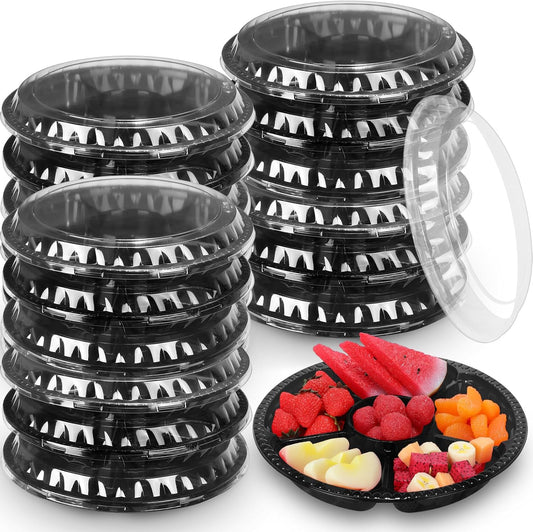 Rtteri 36 Pcs Round Catering Trays with Lids Divided Serving Trays 6 Compartment Disposable Plates Plastic Appetizer Traysplatters Food Storage Containers for Christmas Party Fruit Buffet (Black)