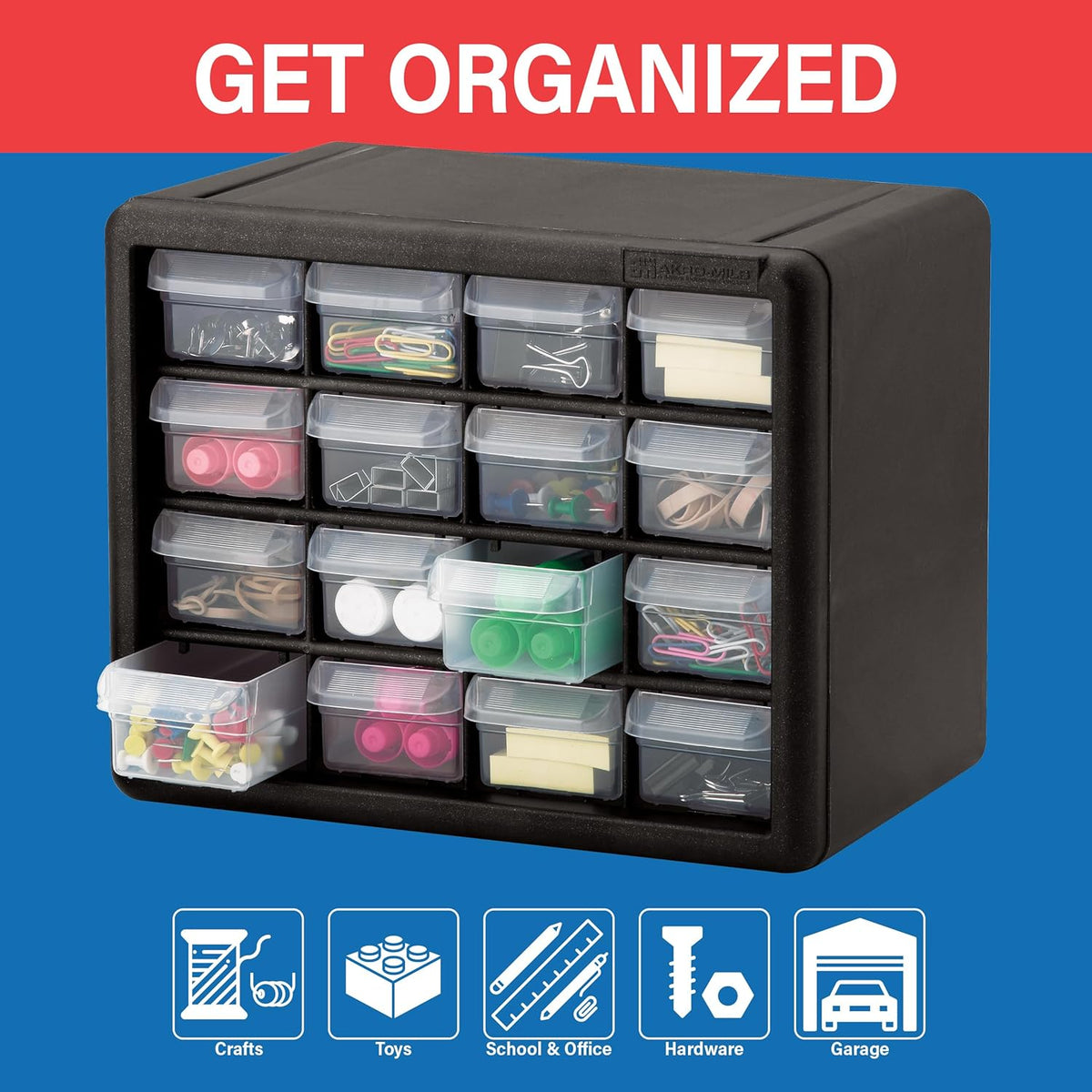 Akro-Mils 44-Drawer Plastic Drawer Storage Cabinet for Garage Organization, Bead Organizer, Building Bricks Storage, Teacher Toolbox, Makeup Organizer, 20" W x 6" D x 16" H, 10144 Black